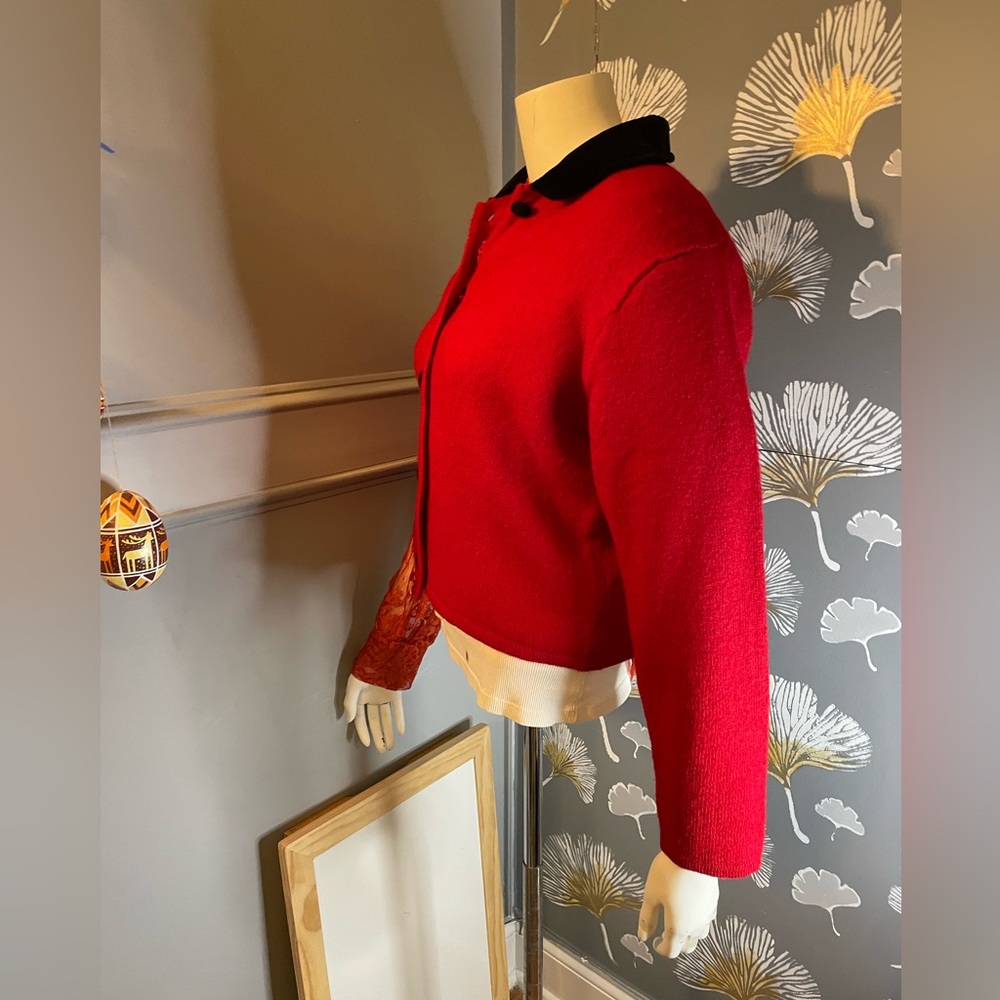 Herman Geist Wool Sweater, Red With Black Velour Collar Sz PM